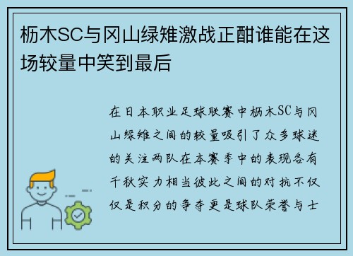 枥木SC与冈山绿雉激战正酣谁能在这场较量中笑到最后