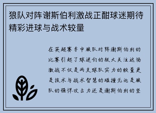 狼队对阵谢斯伯利激战正酣球迷期待精彩进球与战术较量
